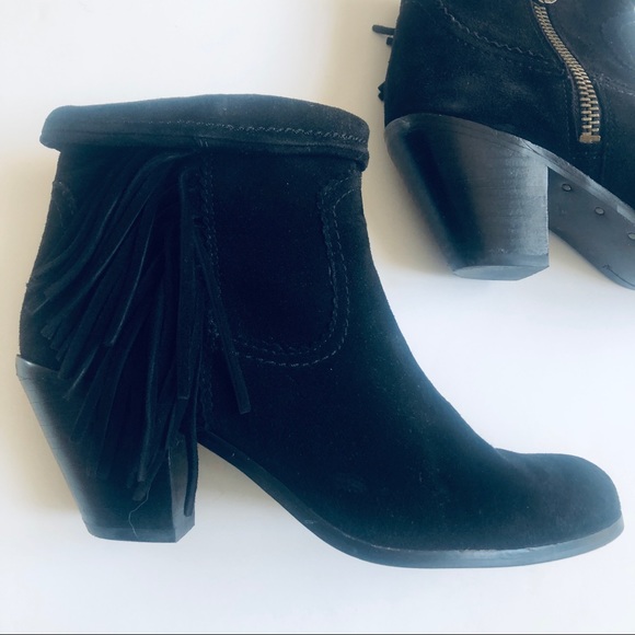 Sam Edelman Louie Black Suede Ankle Zip Bootie Fringe Western - Picture 5 of 9